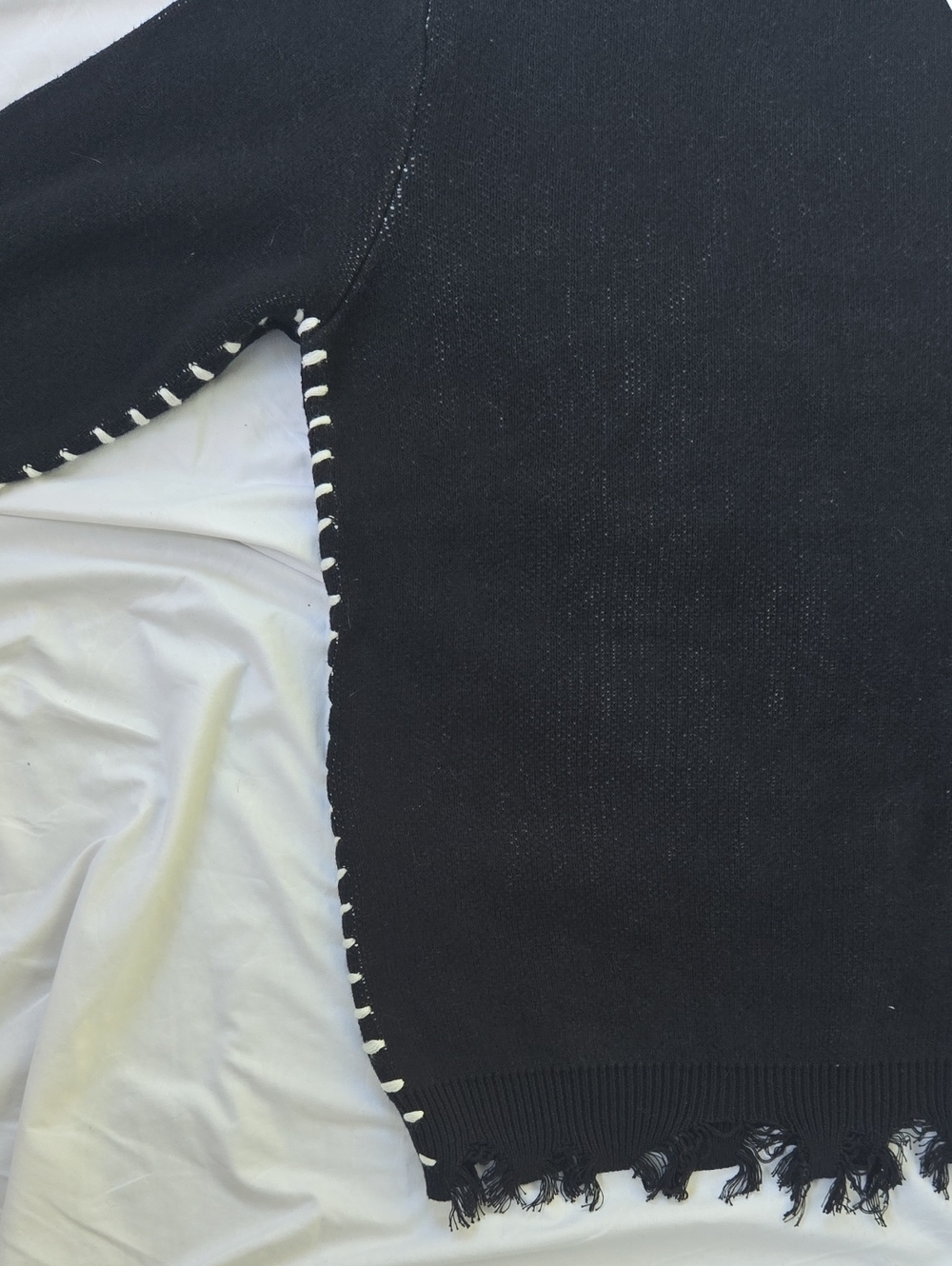 Mens Boho Black Sweater, White Stitching, Fringe OnBottom Of Sleeves & Sweater - Picture 5 of 14
